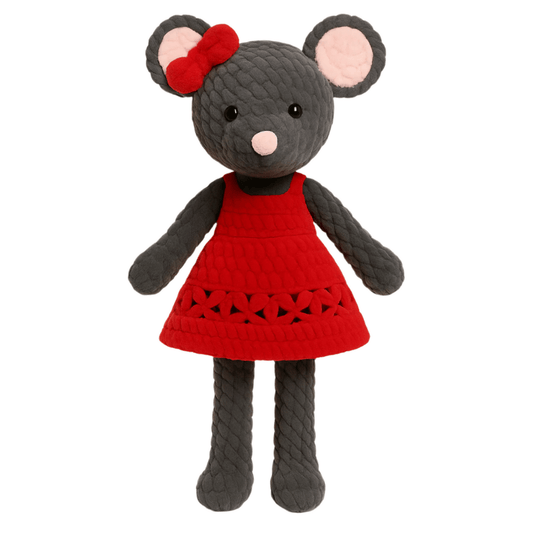 Handmade crochet doll resembling a mouse with a gray body, pink nose, big ears, and a red dress with a bow.