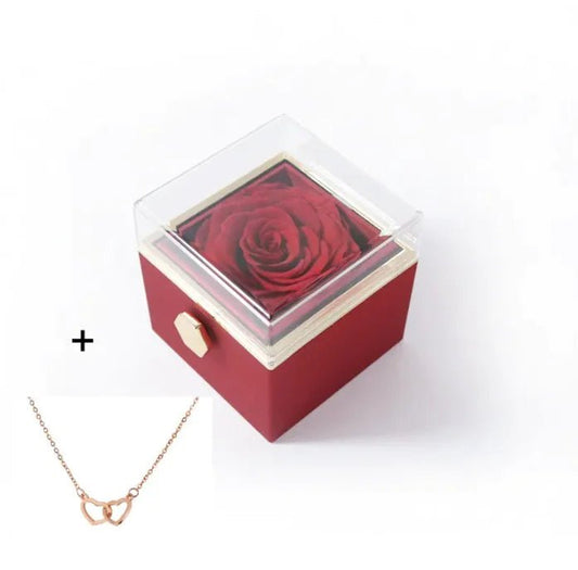 Red box with a preserved rose and a Rose gold necklace 
