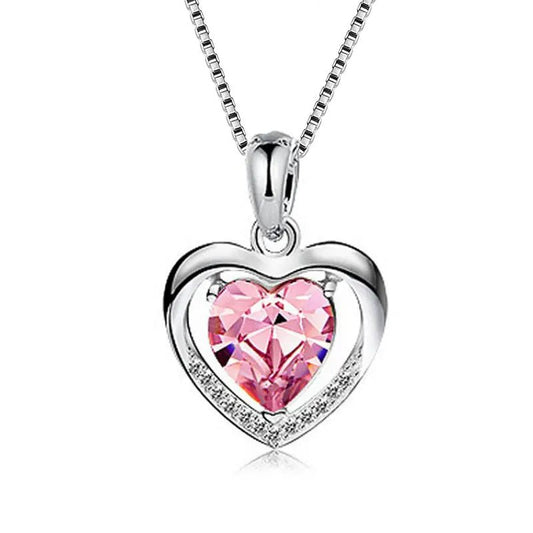 Pink Heart-shaped crystal pendant necklace on a silver chain.