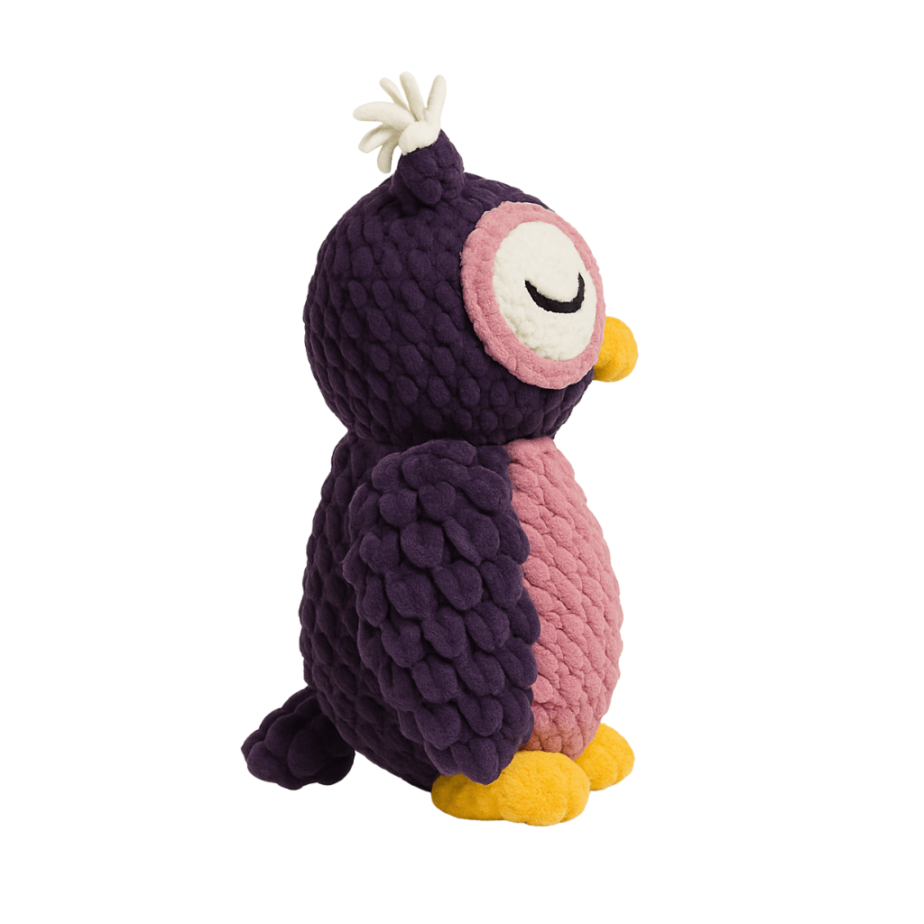 Handmade crochet plush owl with deep purple feathers, pink chest, and gold feet, with a peaceful closed-eye expression.