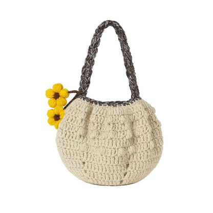 Beige crochet handbag with a braided handle and yellow flowers