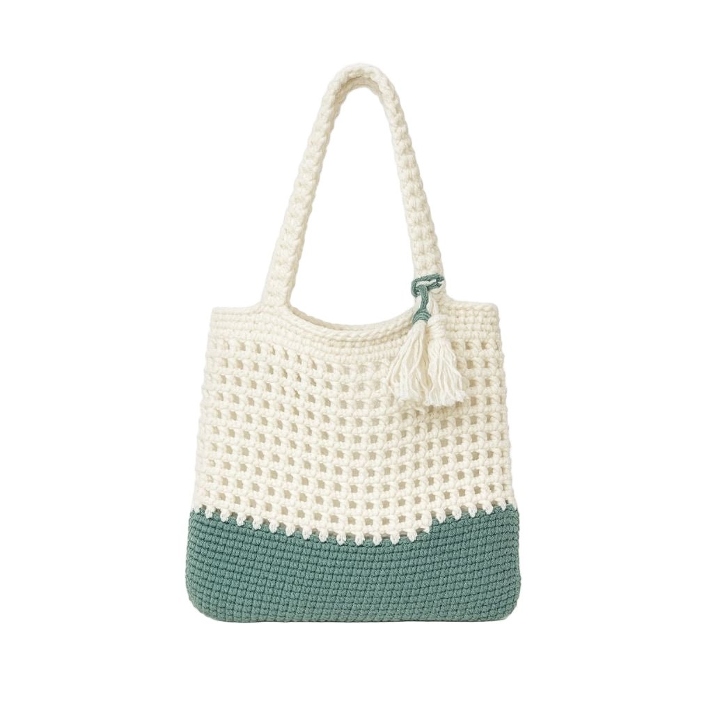 Crocheted bag with a white top and blue bottom 