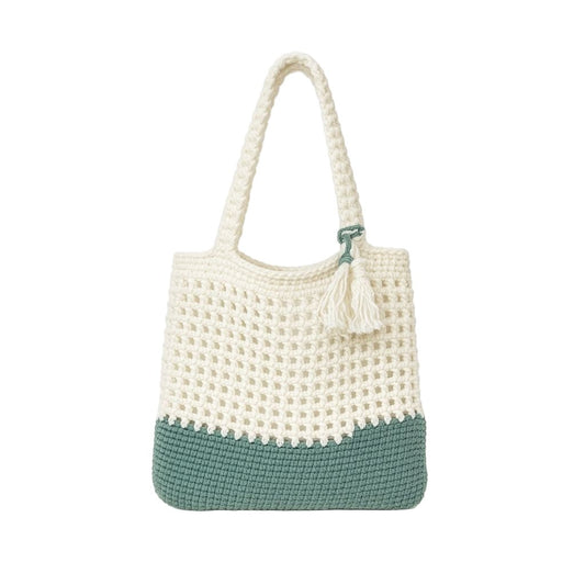 Crocheted bag with a white top and blue bottom 