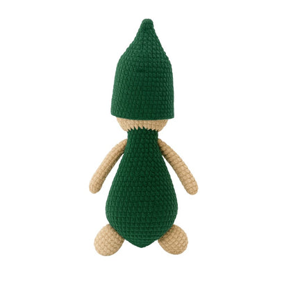 sleepy doll knitted toy with green body and beige head and arms