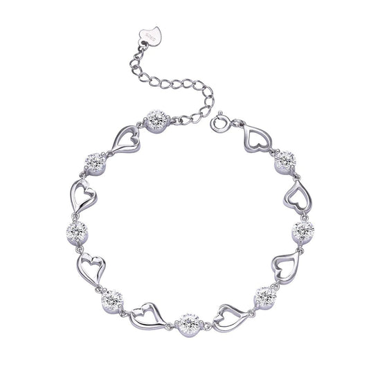Silver heart bracelet with sparkling crystal accents and adjustable chain