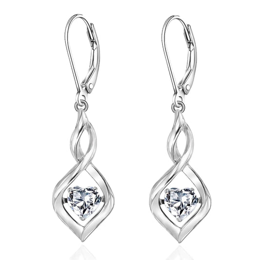 A pair of sterling silver infinity heart earrings with a sparkling heart stone in the center.