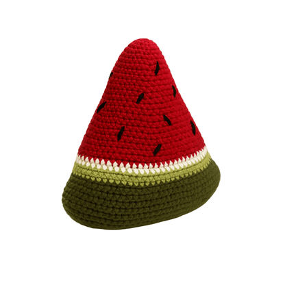 Hand-crocheted watermelon plush with a vibrant red top, rich green rind, and playful black 'seeds'