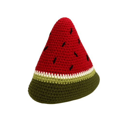 Hand-crocheted watermelon plush with a vibrant red top, rich green rind, and playful black 'seeds'