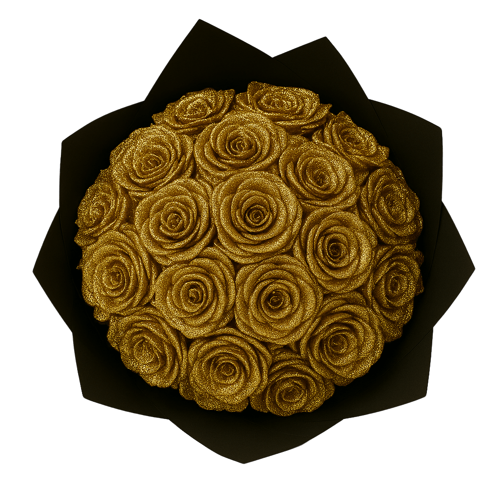 Black bouquet with gold roses