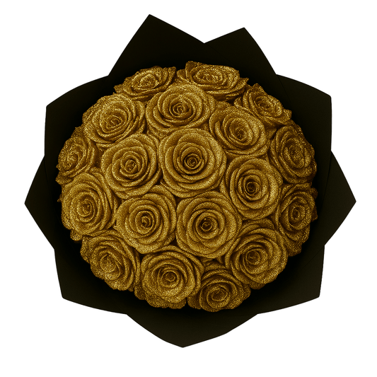 Black bouquet with gold roses
