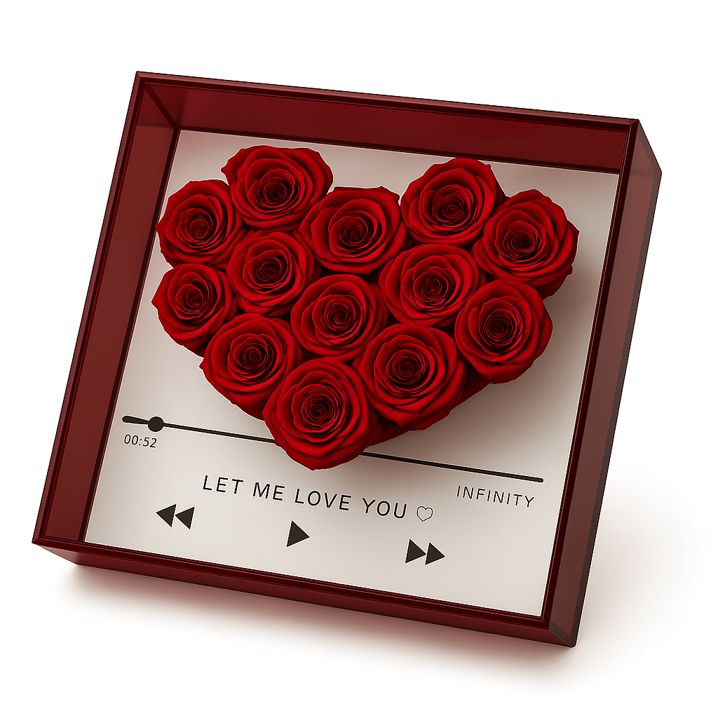 Heart-shaped arrangement of red roses in a decorative box with text and music player symbols.