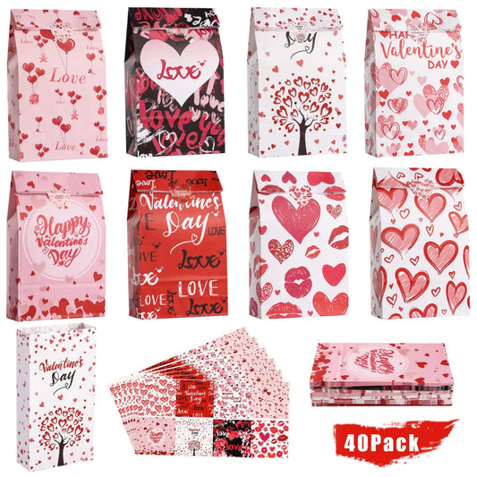 A collection of Valentine's Day themed gift bags with various designs including hearts, love hearts, and Valentine's Day messages. The set includes 40 gift bags and 45 stickers, showcasing different designs decorated in red, white, and pink colors.