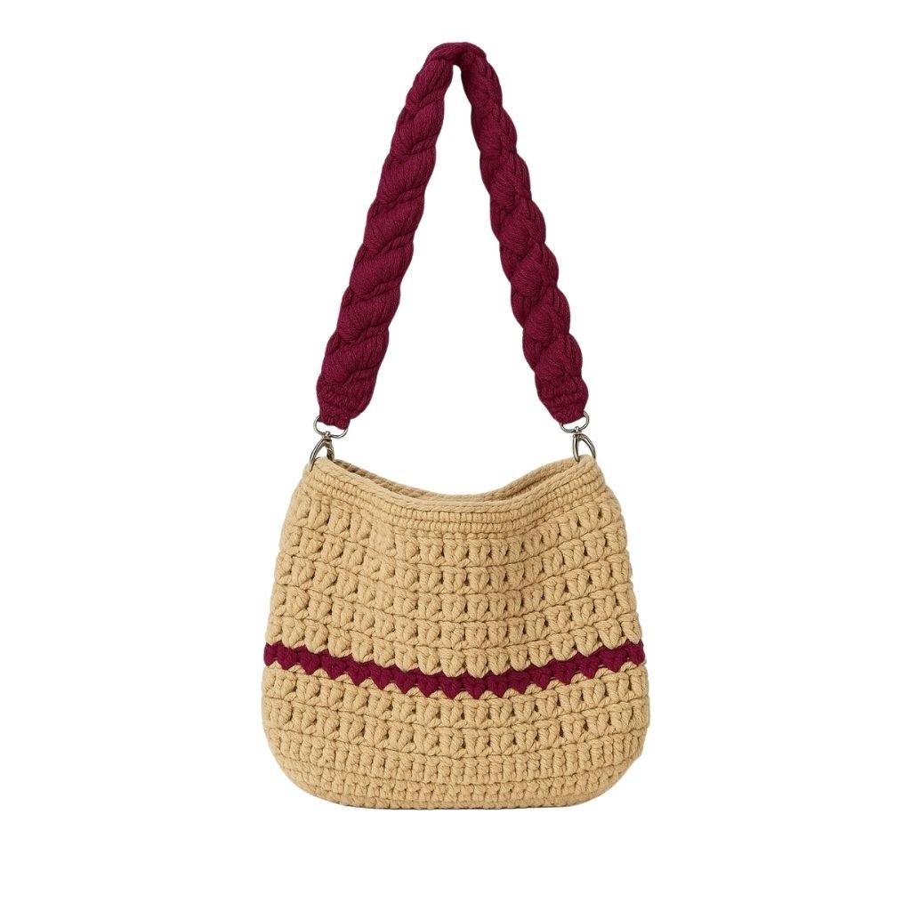Beige handbag with a purple straps 