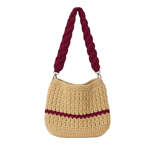 Beige handbag with a purple straps 