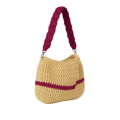 Beige handbag with a purple straps 